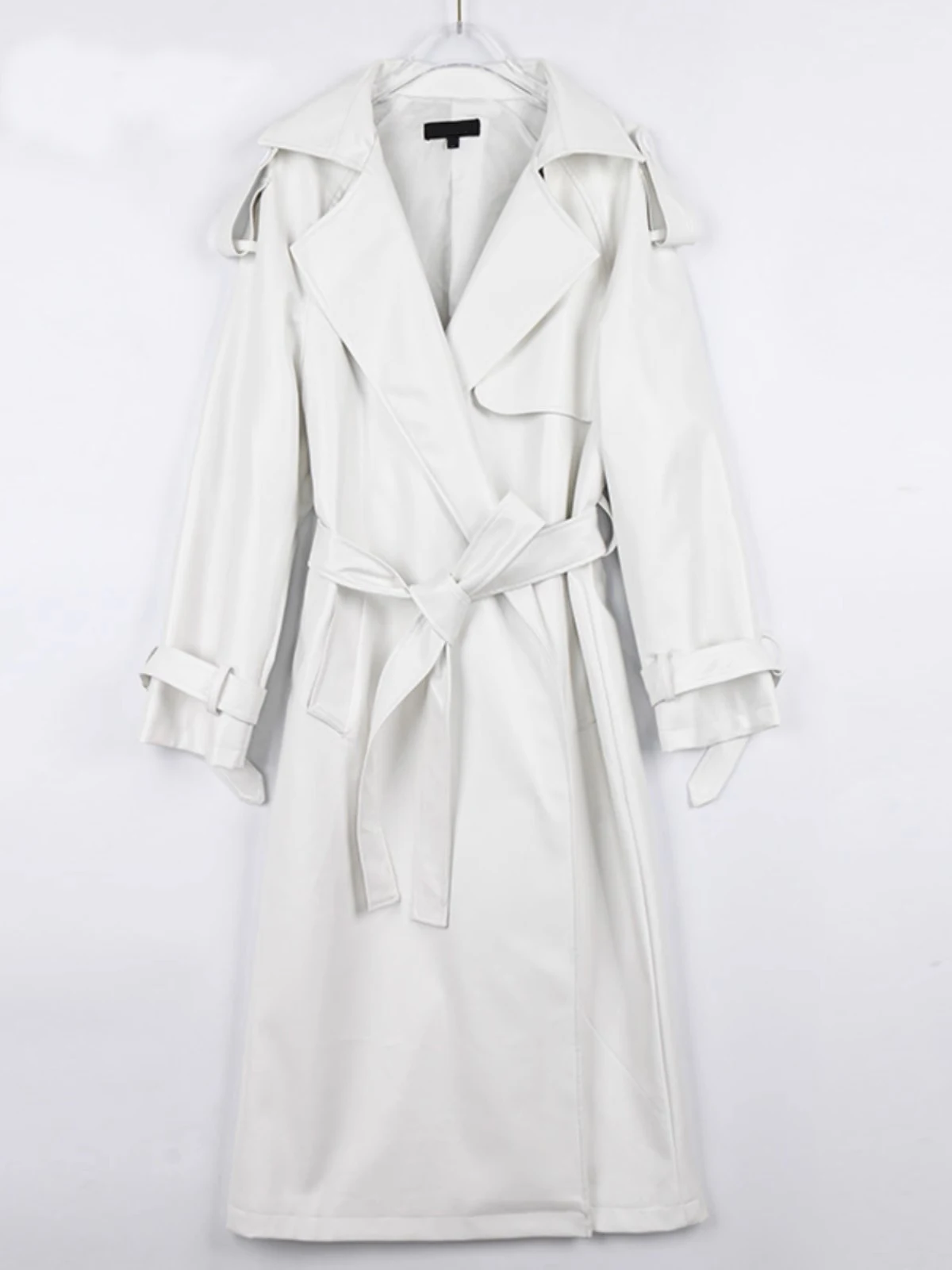 Mauroicardi Spring Autumn Black Long Soft Pu Leather Trench Coat for Women Sashes Loose Casual White Waterproof Overcoat 2025