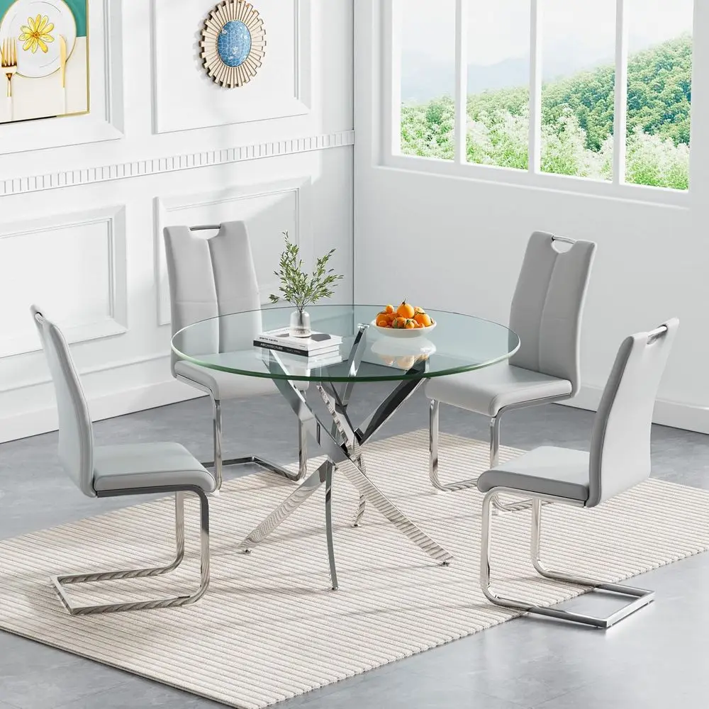 

4-Person 5-Piece Round Glass Dining Set with Leather Chairs for Small Spaces