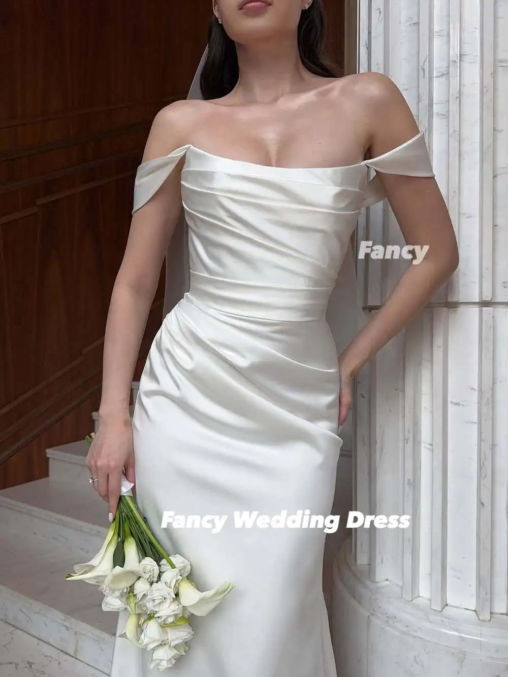 Fancy Elegant Mermaid Korea Wedding Dress Photo Shoot Off Shoulder Tiered Ruffles Evening Dress Soft Satin Corset Customized