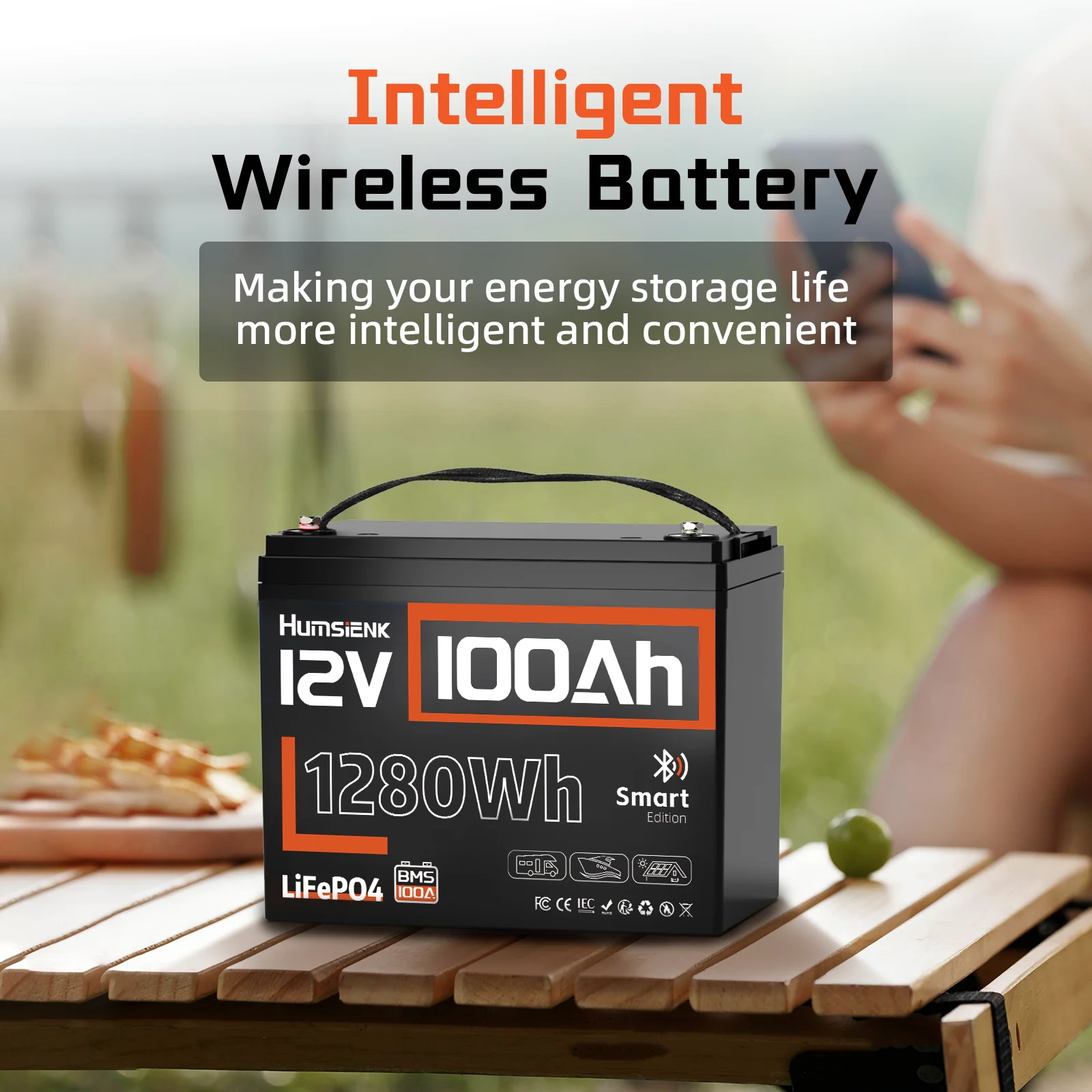 Humsienk Smart BlueTooth LiFePO4 12V100Ah Lithium Battery Packs Grade A+ Cell Built-in 100A BMS For RV Camping  Marine Golf Cart