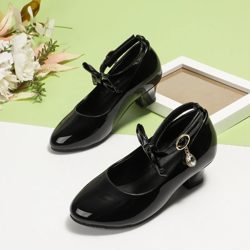 Girls' Black Leather Shoes Spring Autumn Children High Heels with Bowknot Charm Elegant Kids Party Wedding Princess Dress Shoes
