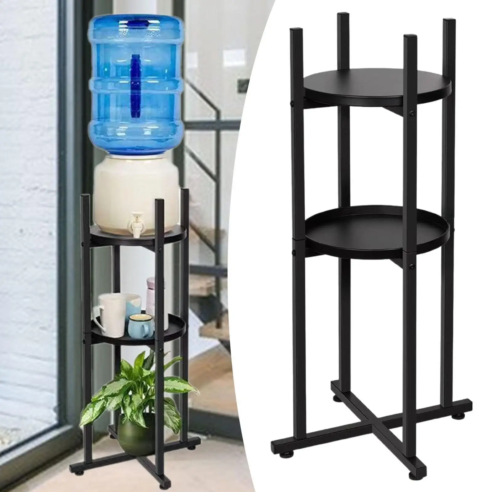 워터 디스펜서 스탠드 물병용 원형 선반 2개가 있는 3단 경량 물 주전자 물병 및 식물 가정용