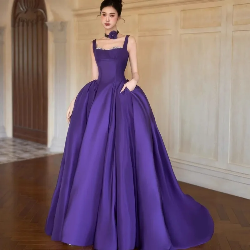 Fioletowa sukienka wieczorowa w stylu camisole, na przyjęcie urodzinowe, ceremonię ukończenia szkoły 2026, nowa długa sukienka bez rękawów, elegancka sukienka satynowa.