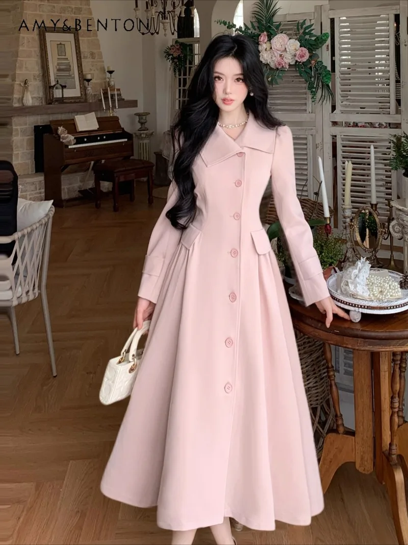 

High-end Gentle Temperament Fairy Style Pink Coat Autumn Winter Sweet Turn-down Collar Single-breasted Slim Mid-length Trench