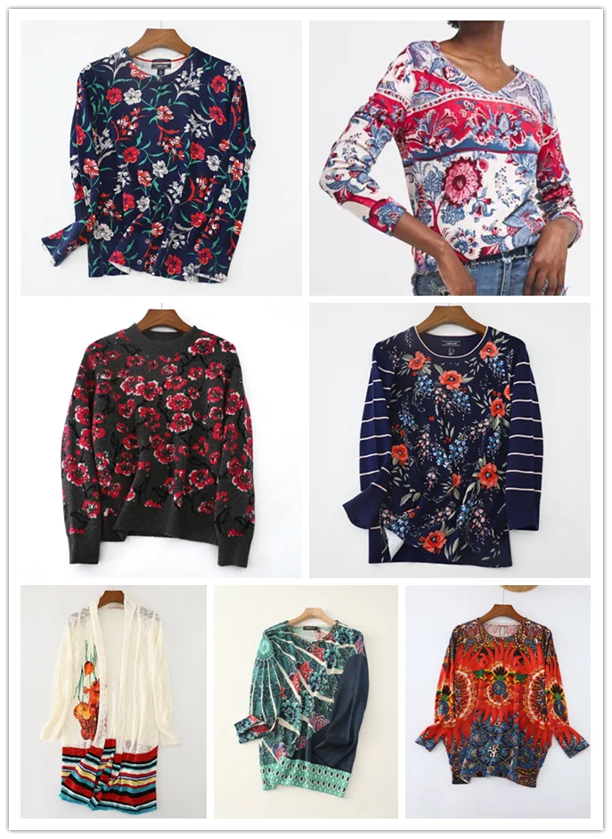 Foreign trade original single Spanish fashion printing spring and autumn long-sleeved round neck knitted cardigan