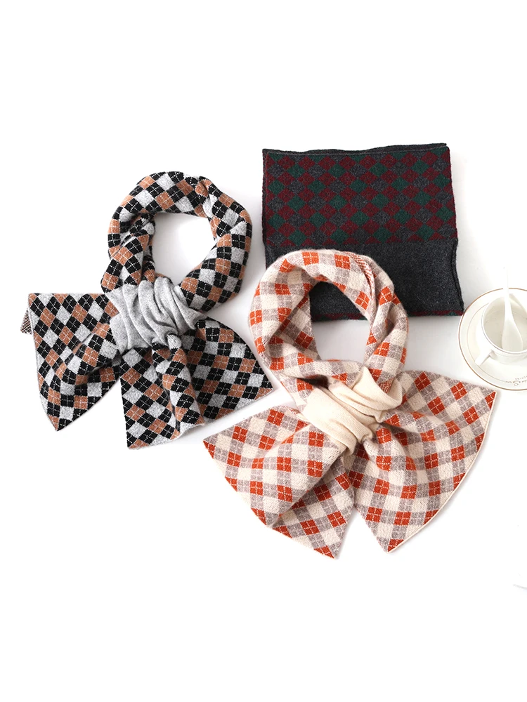 Women 35% Cashmere Plaid Knit Keyhole Scarf Pull-Through Bow Neck Warmer Knit Ascot Winter Ring Collar Wool Cashmere Accessories