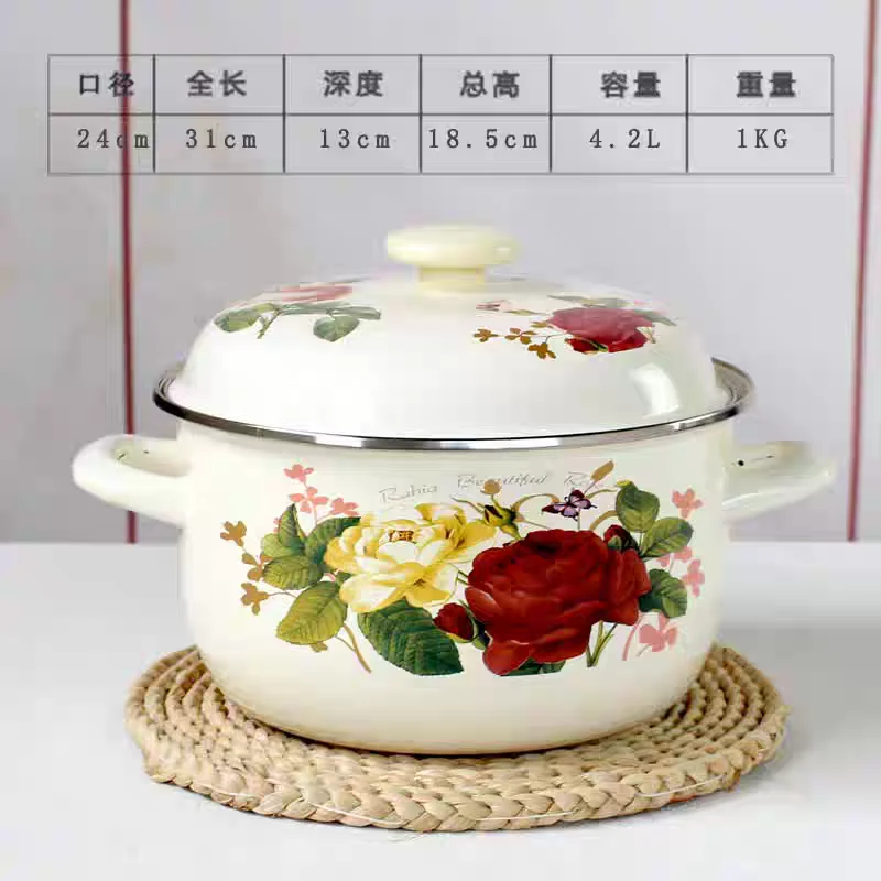 

Enamel Thickened Enamel Double Ear Household Heightening Soup Pot Stew Pot Boiling Traditional Pot Induction Cooker Gas General