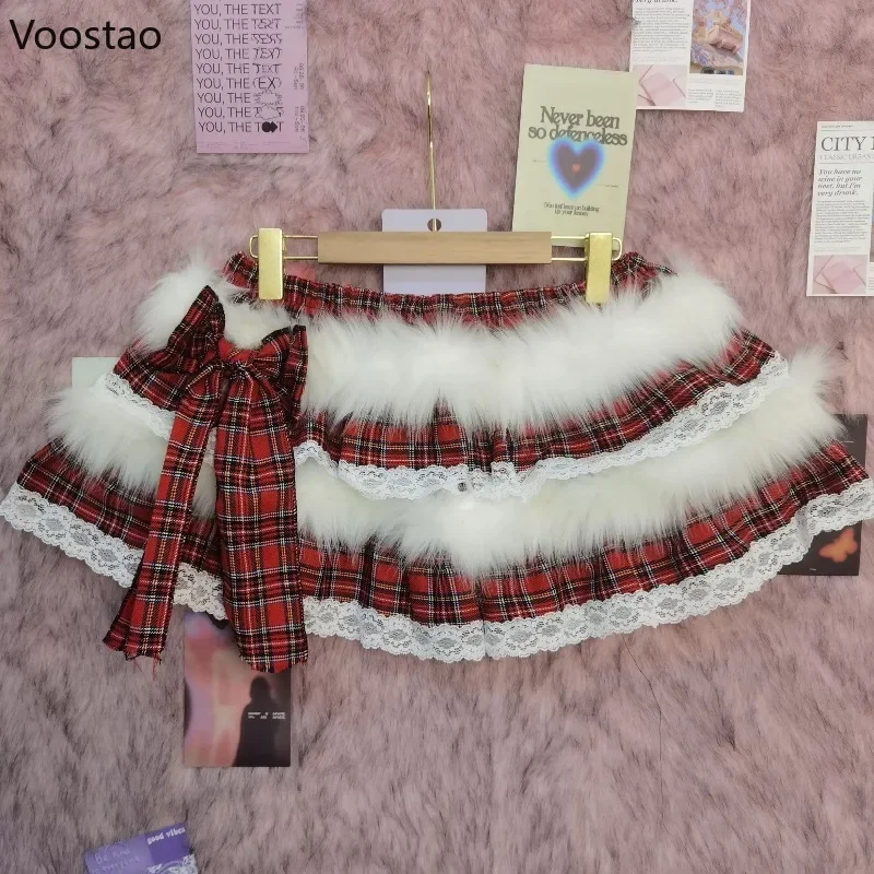 Japanese Y2k Lolita Style Plaid Mini Skirt Women Kawaii Faux Fur Patchwark Bow Party Skirts Gothic Female Punk A-Line Cake Skirt