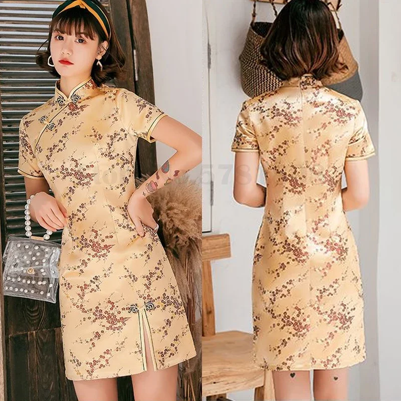 Qipao con estampado de flor de ciruelo, minivestido chino ajustado Sexy, Cheongsam con cuello mandarín Vintage, botón Vintage tradicional, Qipao 3XL