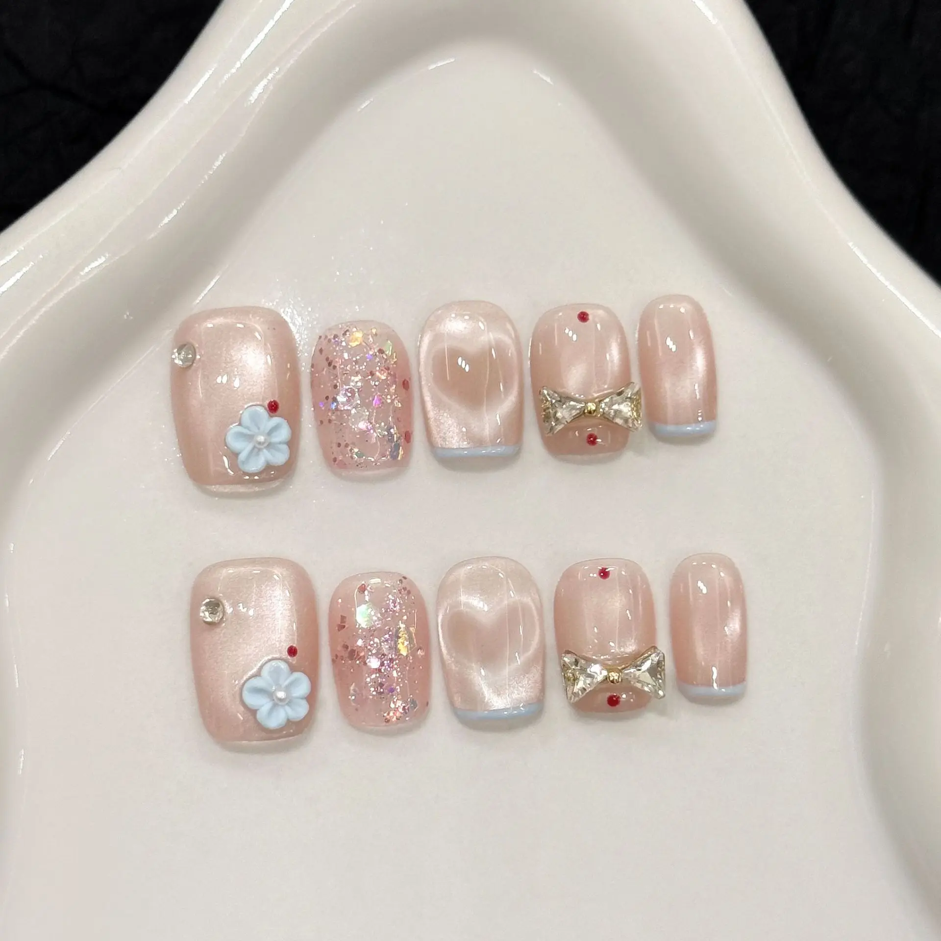 10PCS [Hearts in Bloom] Glitter Cat-Eye Heart Mermaid Bow Press-On Nails With 4-PIECE Tools  Super-Strong Nail Adhesive Tabs