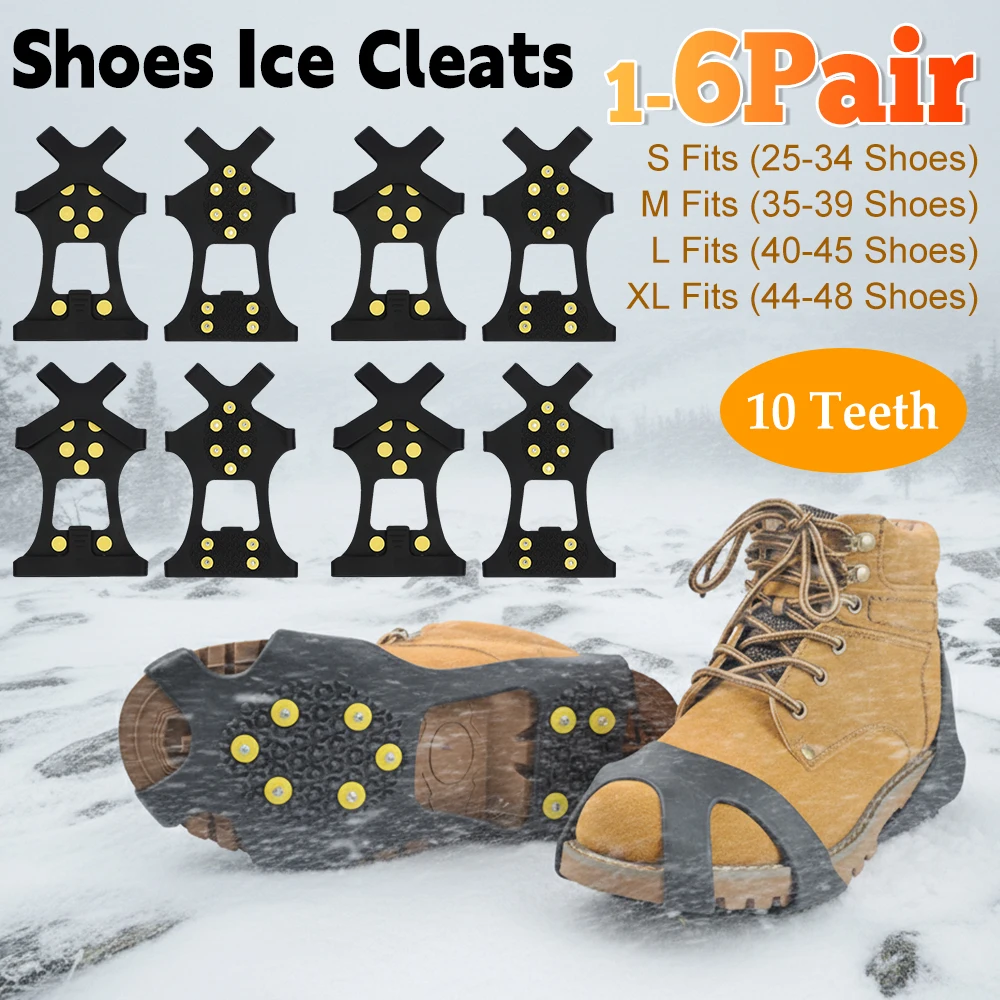 

1-6Pair 10Teeth Anti-Slip Chain Shoe Spikes Unisex Snow Claw Cleats Cover for Walking Hiking Mountaineering Winter Outdoor Sport
