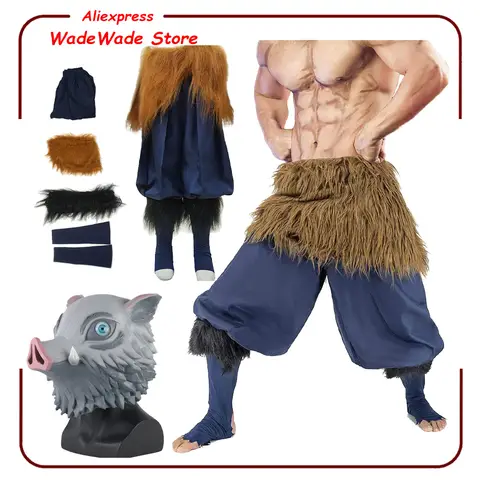 Hashibira Cosplay Inosuke Mask Costume Adult Kids Anime Roleplay Pants Headwear Outfits Halloween Carnival Dress Up Party Suit