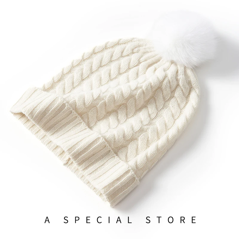 Hot Selling Winter Hat 100% Cashmere Hats For Women Fashion Twist Knitted Warm Beanie Thick Hat Women Solid Adult Cover Head Cap