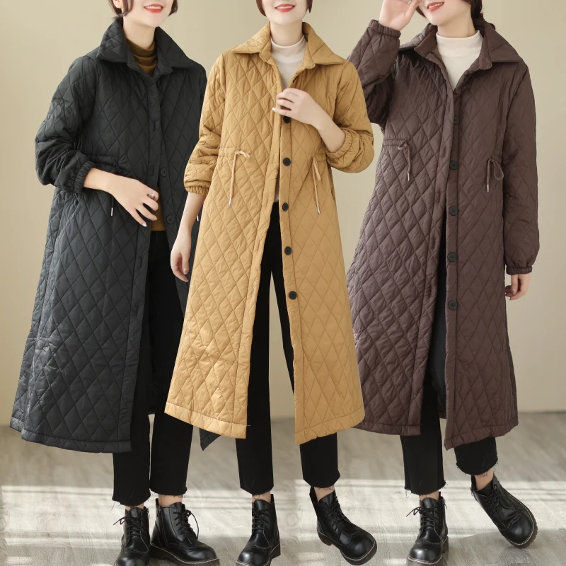 

Artistic Large Size Diamond Pattern Cotton Jaet Women's Winter Design Dstring Waist Long Coat Sli Commute Sle