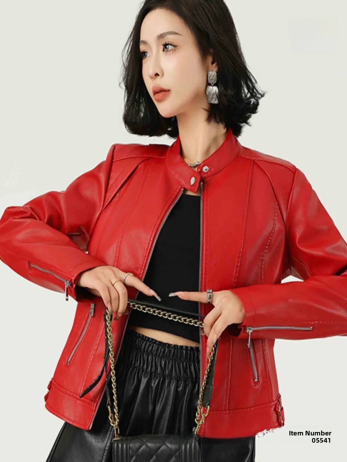 Faionable cuir rouge Jaet ort manteau mince col montant printemps automne rue Sle coupe ajustée en cuir PU fermeture à glissière
