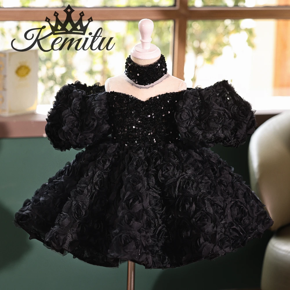 

Black Floral Flower Girl Dress Princess Wedding Birthday Pageant Party Evening Gown