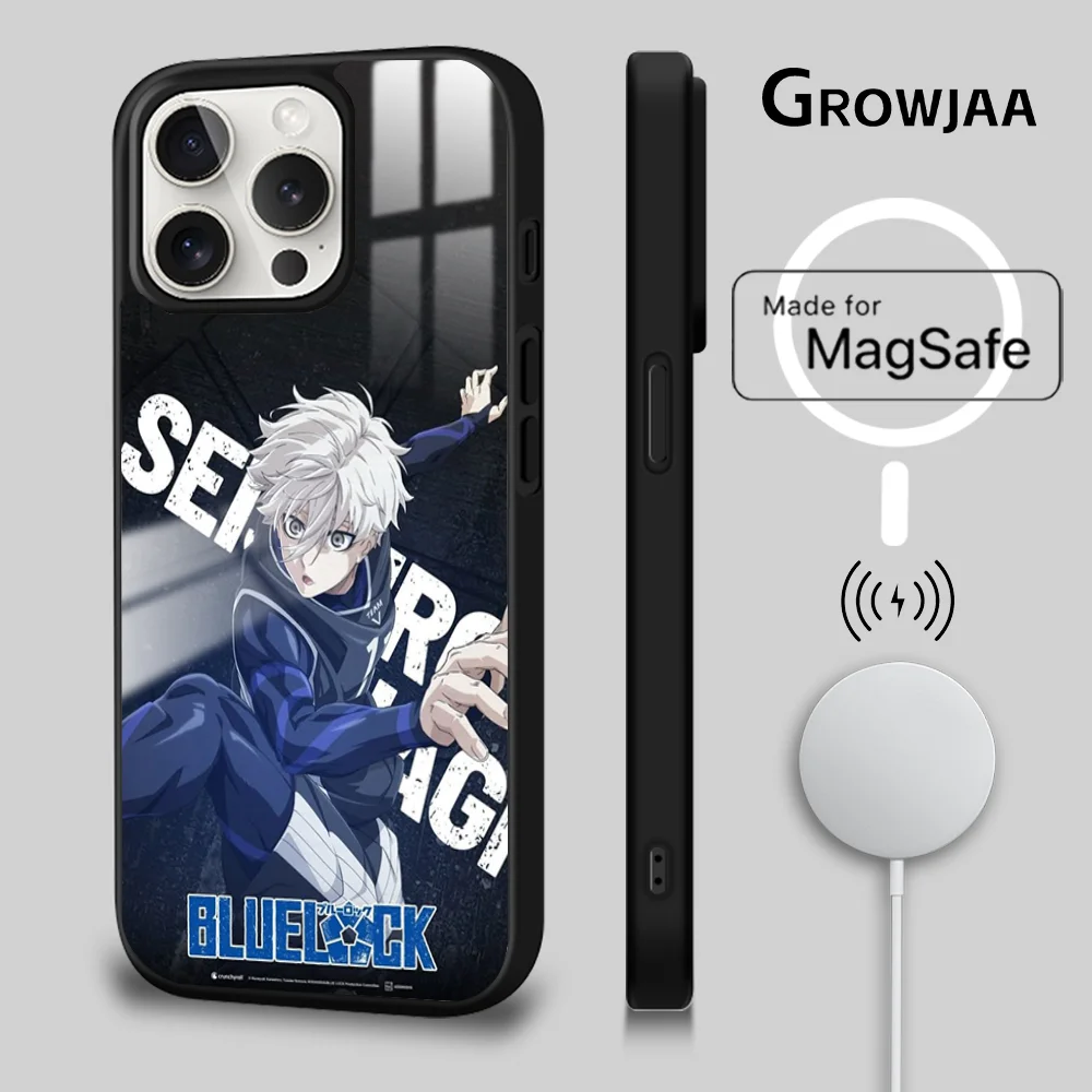 Cool B-Blue Lock Anime Phone Case For iPhone 16 15 14 13 12 11 Pro Max Plus Mini Magsafe Mirror Wireless Magnetic Funda