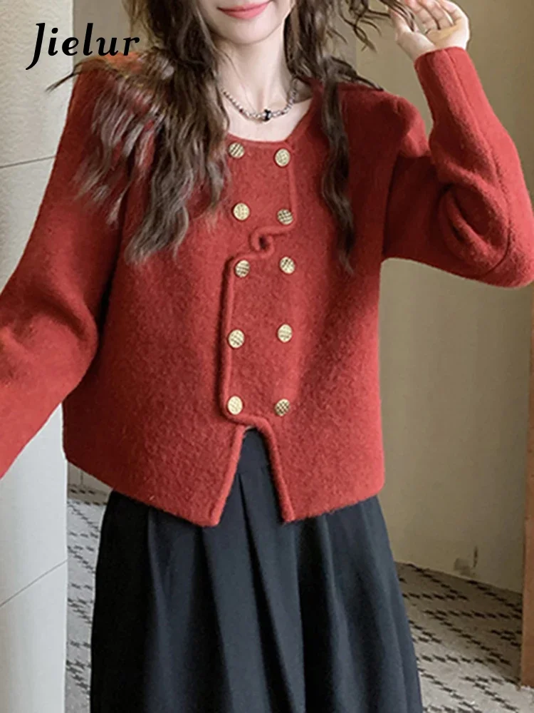 Jielur Autumn New Style Solid Color Knitting Cardigan Woman Sweet Lady Elegant Cardigan Women Khaki Red Street Cardigan Female