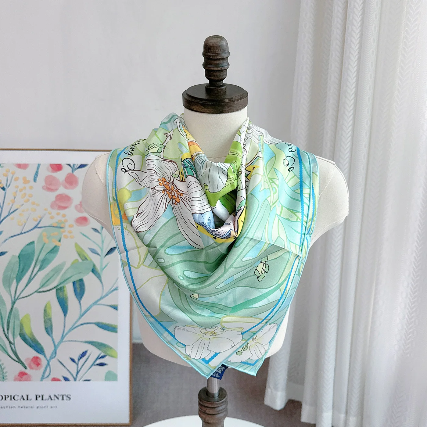 Bufanda verde claro 90/90 diseño de lujo para mujer bufanda de cuello rizado a mano Hijab pañuelo para la cabeza chal con estampado de flores 100 Pro seda