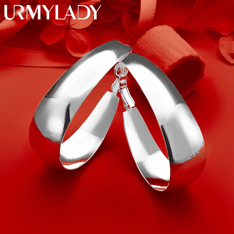 

URMYLADY 925 Sterling Silver 35mm Smooth Falt Hoop Earrings For Women Exquisite Luxury Charms Wedding Fashion Classic Jewelry