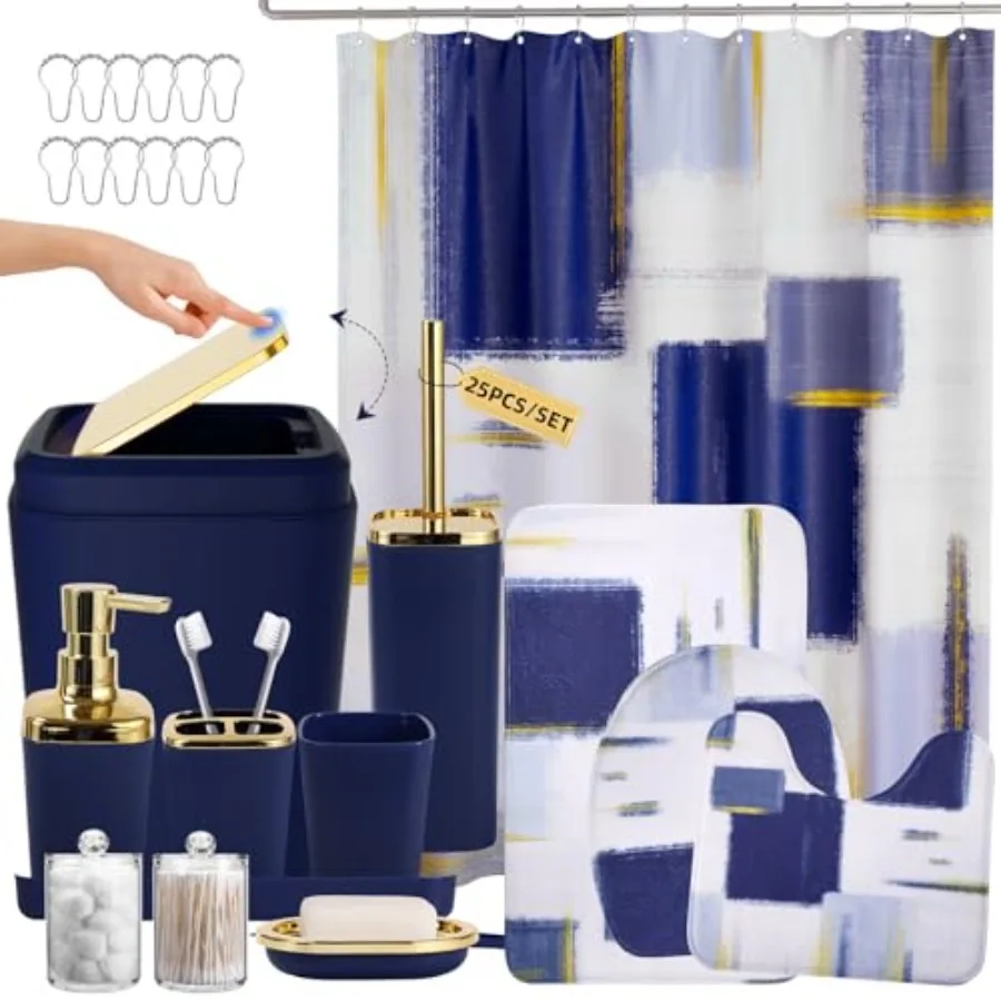 

Bathroom Accessories Set - 25PC Bathroom Set with Shower Curtain and Rugs Blue Bathroom Set Bathroom Accessory Set with Press-o