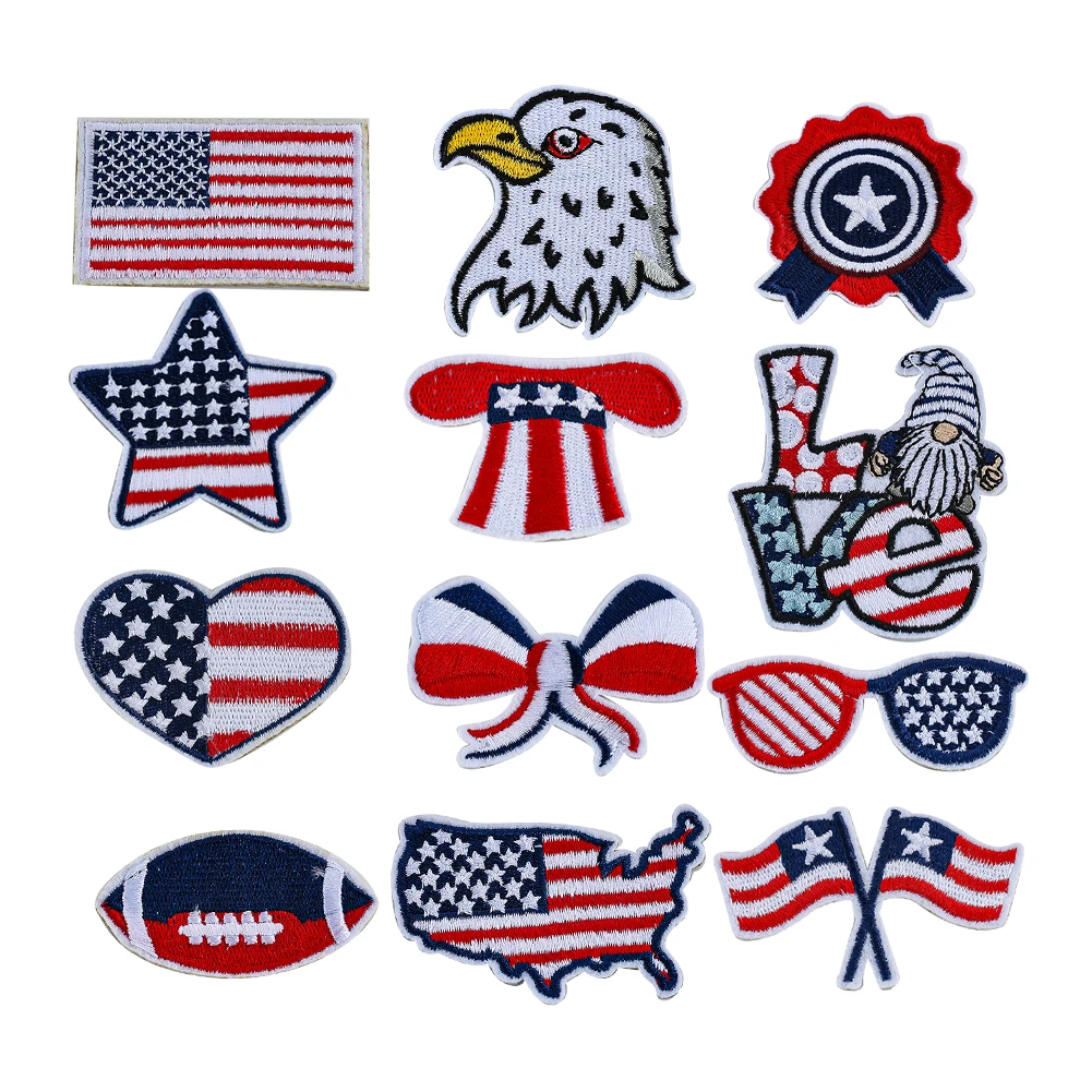 Set 12pcs Boutique American Flag Eagle Embroidered Badges Independence National Day Style Appliques for Clothes Shoes Hats Patch