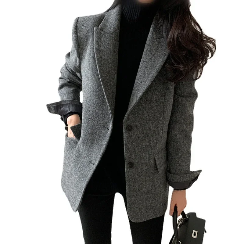 Blazer coreano para mujer, chaquetas con cuello vuelto, abrigos de empalme, chaqueta gruesa con botones de cintura alta, Blazers elegantes para Otoño e Invierno 2025