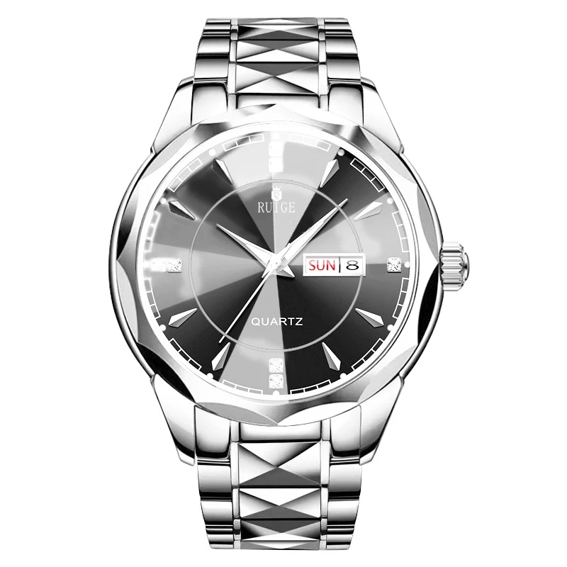 Swiss brand RUIGE men\'s quartz watch with luminous trend, waterproof stainless steel strap, exquisite rhinestone inlaid watch