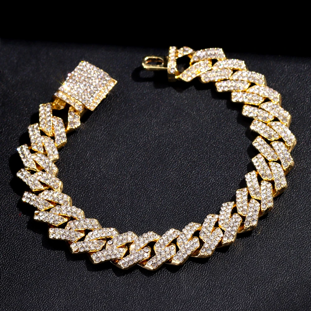 Gold Color 14MM Cuban Link Chain Bracelet for Women Iced Out Prong Rhinestone Cuban Bracelets Punk Hiphop Jewelry