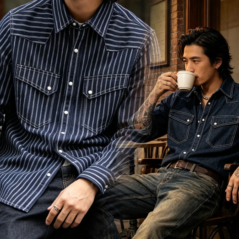 American Retro Casual Wabash Stripe Western Shirt Raw Denim 460gsm Heavyweight 100% Cotton Indigo Dyed Classic Workwear OKONKWO