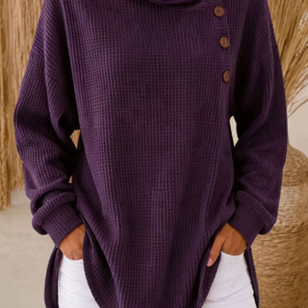 Autumn Women Casual Polo Neck Sweatshirt Long Sleeve Pullover Button Textured Loose Comfortable Daily Fashion Streetwear Tops