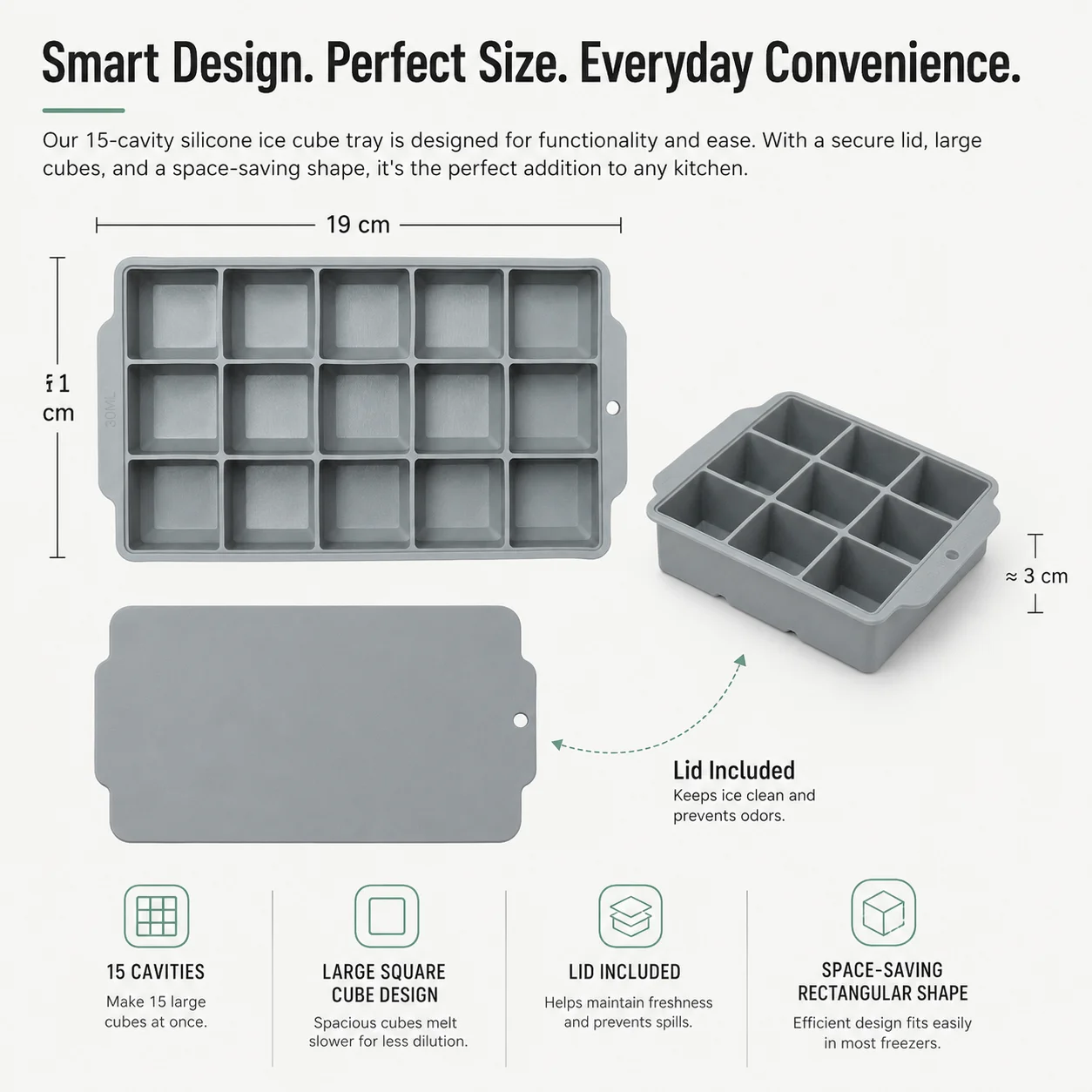 15-Grid Silicone Ice Cube Tray with Lid Large Square Ice Mold for Whiskey Cocktails Reusable Easy Release Ice Maker view 3