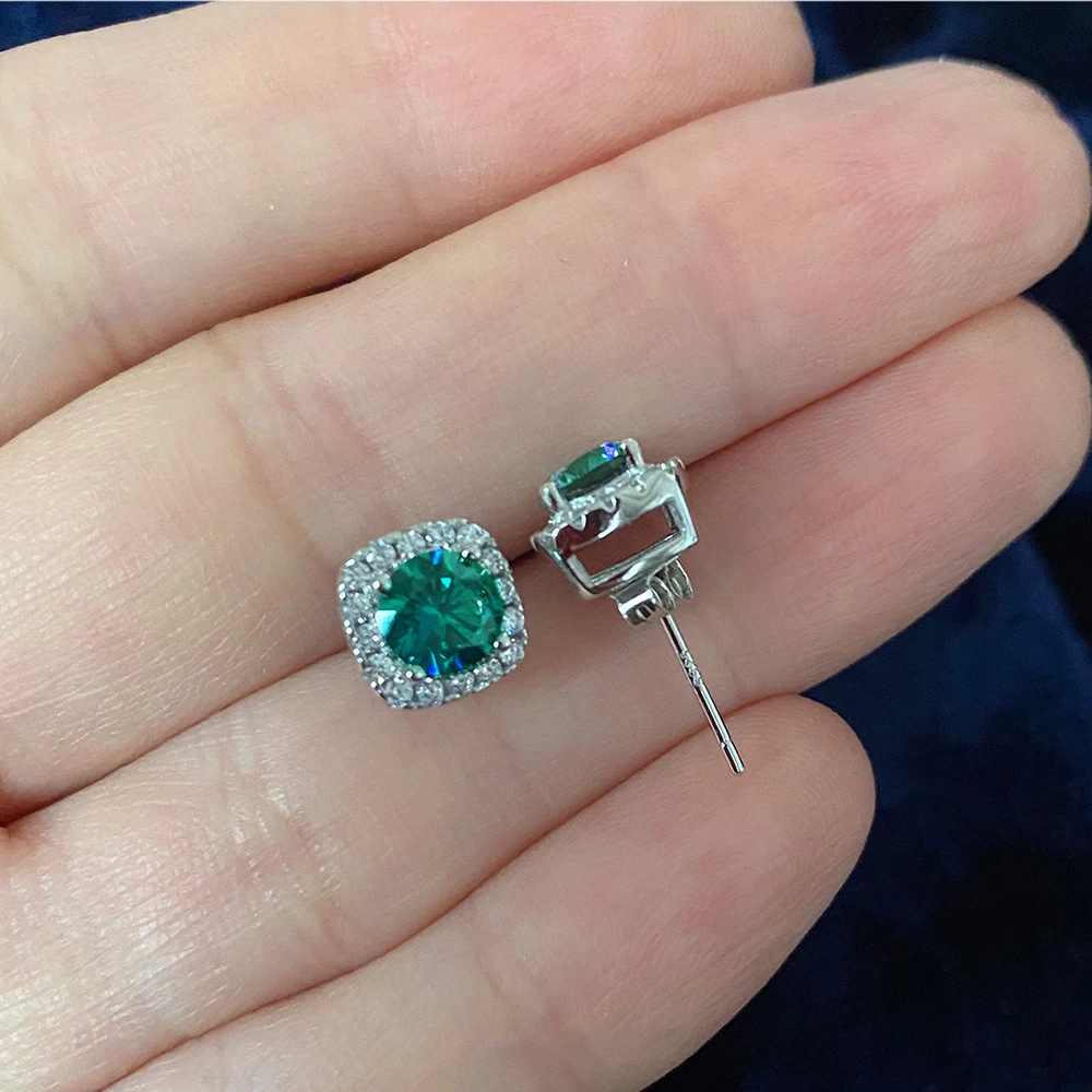 Solid 925 Sterling Silver Lab Blue Green Moissanite Diamond Stud Earrings for Women Super Sparkling Wedding Jewelry Gifts