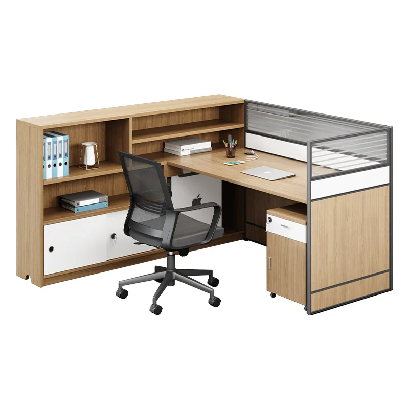 

L-Shaped Office Desk with Screen Partition - Staff Desk with Storage Cabinet - Modern Office Computer Desk