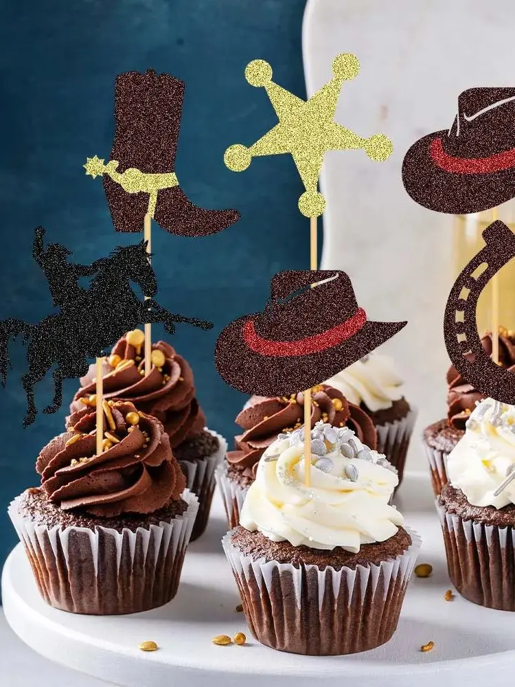 Décoration de Cupcake thème Cowboy occidental, 10 pièces, chapeau de Cowboy brillant, bottes de cheval pour enfants et adultes, décoration de gâteau de fête d'anniversaire