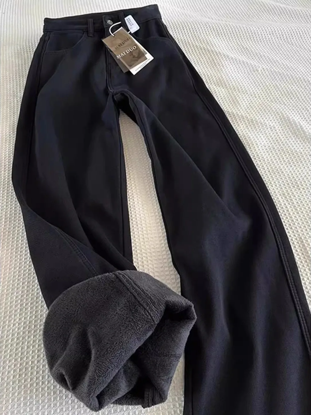 

Black Fleece Lined Jeans Men's Autumn Winter Straight Leg Slimming Pants Lengthening Leg Effect Micro Flared Trousers