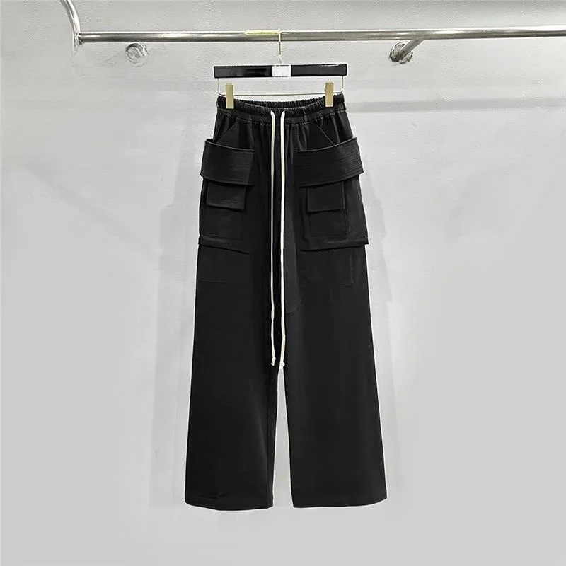 

Men's Motorcycle Double Ring Wide Leg Workwear Long Pants Dstring Multiple kets Knitted Fabric Casual Trousers