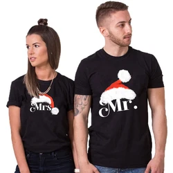 Matching Couples T-shirt Mr and Mrs Claus Santa Hat Tshirt Christmas Lovers Men Women T Shirts Christmas Party Couple's Clothing