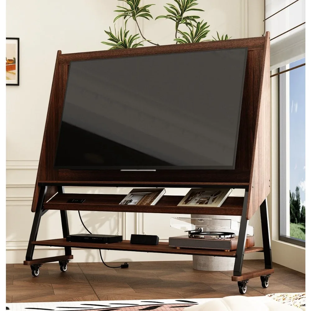 Rolling TV Stand, Mid Century Modern Portable Mobile TV Stand on Wheels with Sockets, Iron TV Hanger and 2 Shelves for Living Ro