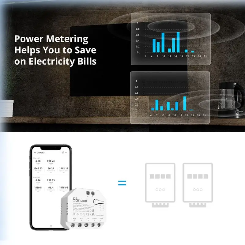 SONOFF DUALR3 Dual Relay Support 2-way DIY Smart Switch Power Metering Relay Module Smart Home Control Via EWeLink Alexa Google