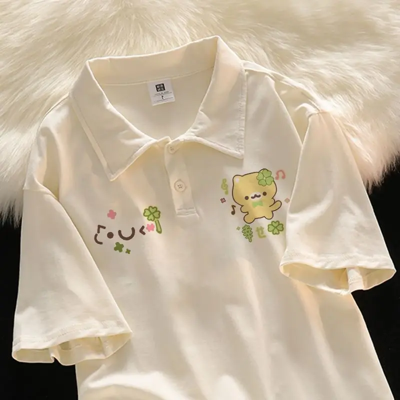 Japanese Sweet Four-leaf Clover Cartoon Cat Short-sleeved Polo Shirt Summer Loose Casual All Match Shirts Women Camisas Mujer