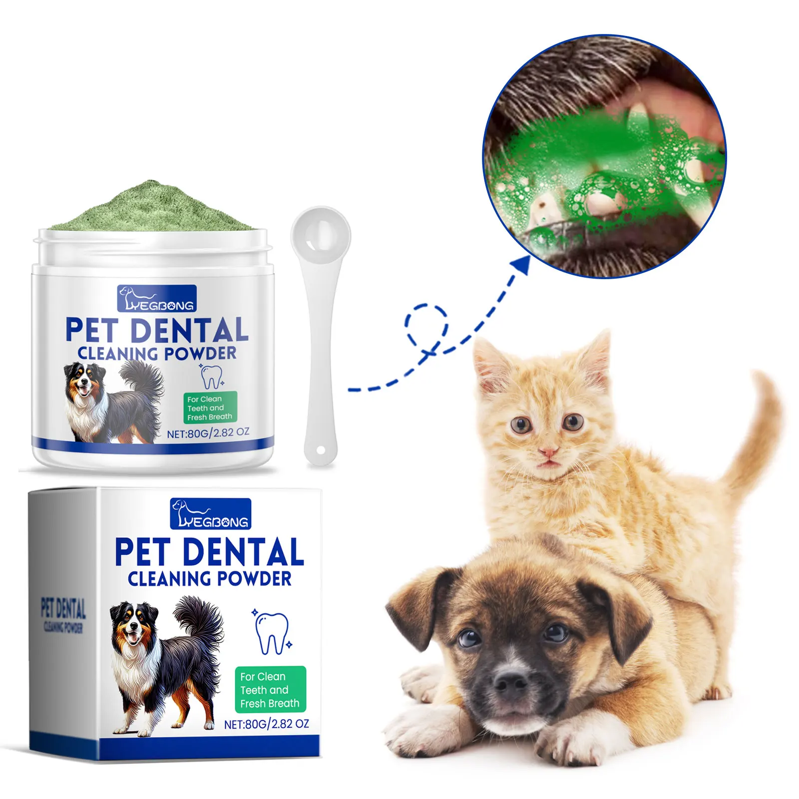 Polvo Limpiador Dental para Mascotas, Elimina Manchas y Mal Aliento, Eliminador de Sarro, Limpiador de Cálculos Dentales, Cuidado Dental para Perros