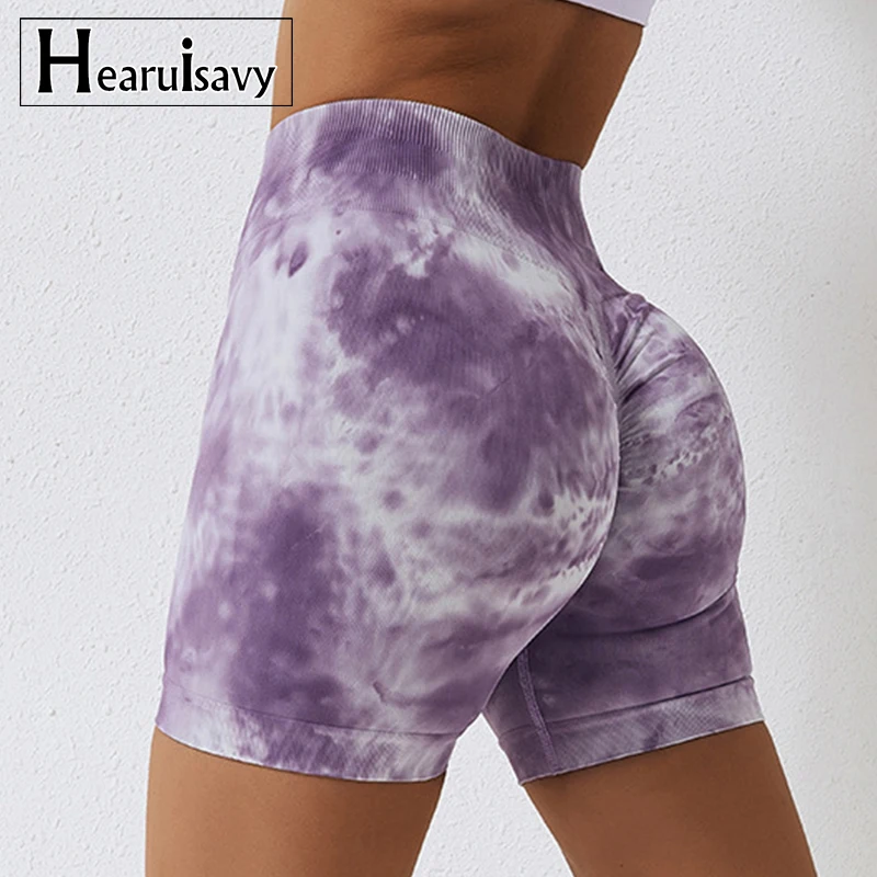 Summer Tie Dye Yoga Shorts Marbling Gym Shorts Women Buttock Lift Sports Shorts Women Fitness Tights High Waist Booty Shorts