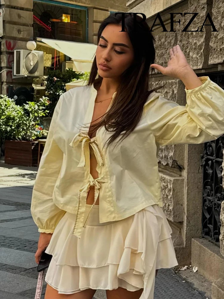 

TRAFZA Women's Summer Thin Fashion V-neck Poplin Short Shirt Female Versatile Elegant Bow Lace-up 3-Color Casual Cardigan Top