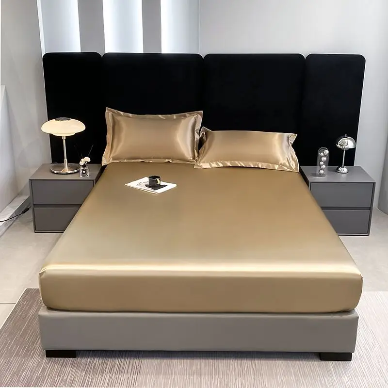 

4PCS Summer Solid Colour Satin Rayon Elastic Fitted Sheet Mattress Cover Single Double Bed Linens King Size Couple Bedding Set