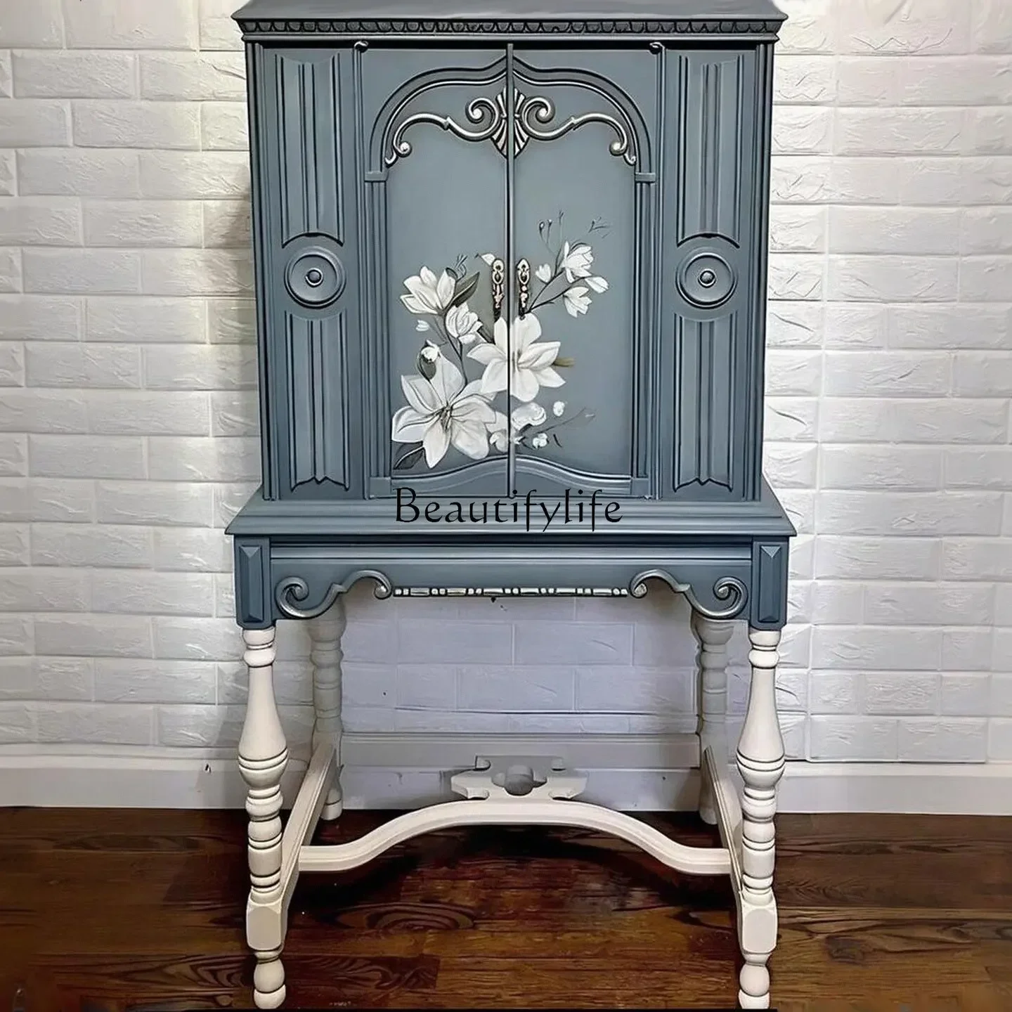 

02 French painted retro solid wood wine cabinet multi-functional wall storage entrance high cabinet