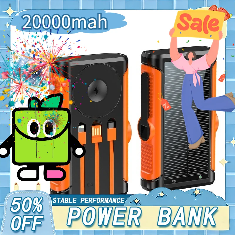 

20000mAh 22.5W Solar Power Bank Crank Charging with Cable Hand External Battery 15W Magsafe Wireless Charger for IPhone 16