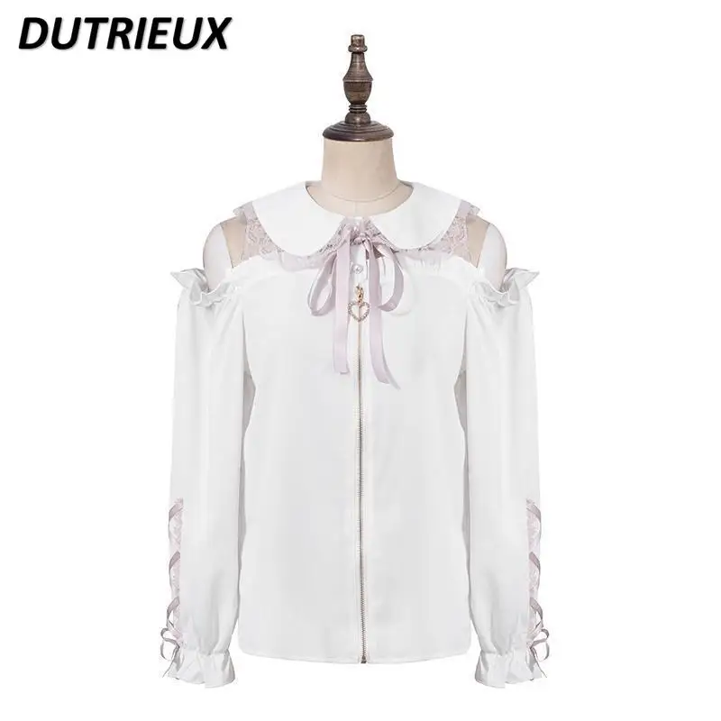 

Mine Japanese Shirt Women Lolita Cute Casual Summer New Sailor Collar Lace Ruffled Doll Collar Long Sleeve Blouse Women Tops