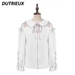 Mine Japanese Shirt Women Lolita Cute Casual Summer New Sailor Collar Lace Ruffled Doll Collar Long Sleeve Blouse Women Tops