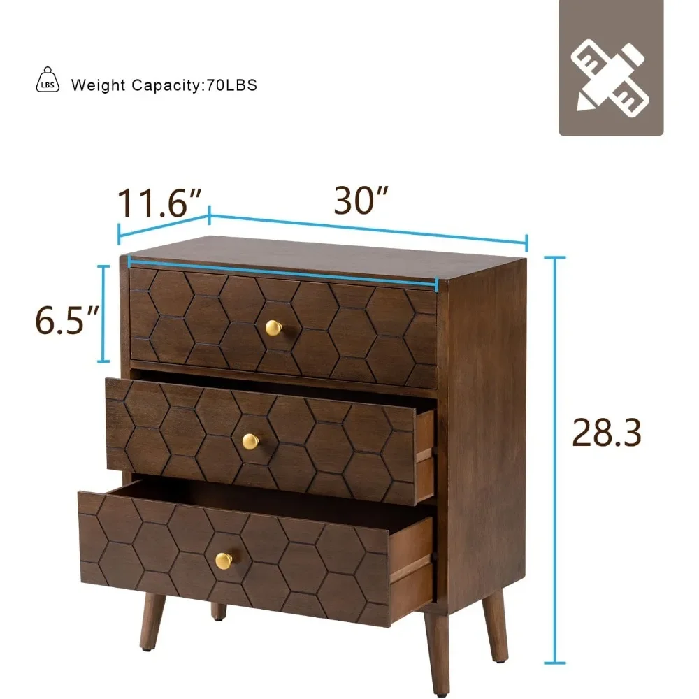 Modern End Table w Honeycomb Pattern, Nightstand w 3 Storage Drawers, Night stand w Walnut Wood Grain Finish, Small Chest